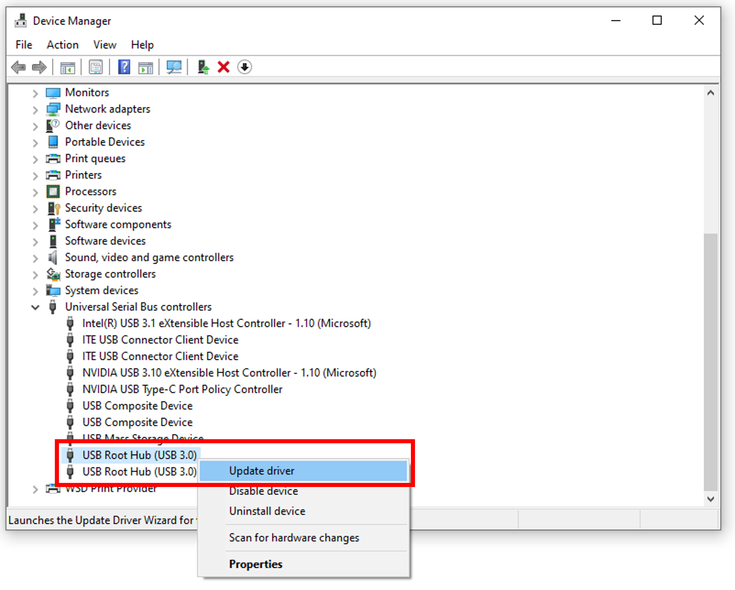 Update USB drivers from Device Manager